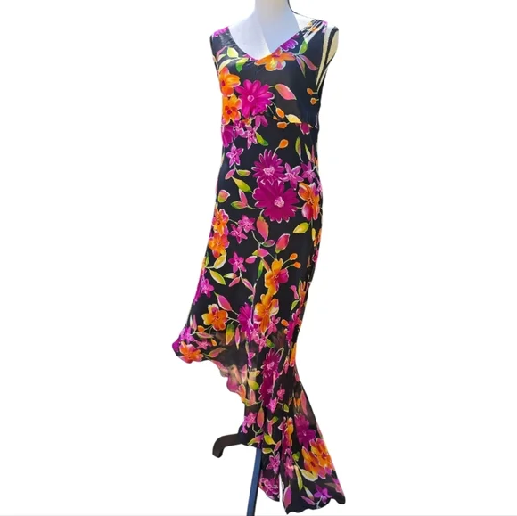 Vintage Beaded Sequin Asymetrical Black Pink Floral Sleeveless Maxi Dress | Sz L - Picture 2 of 6